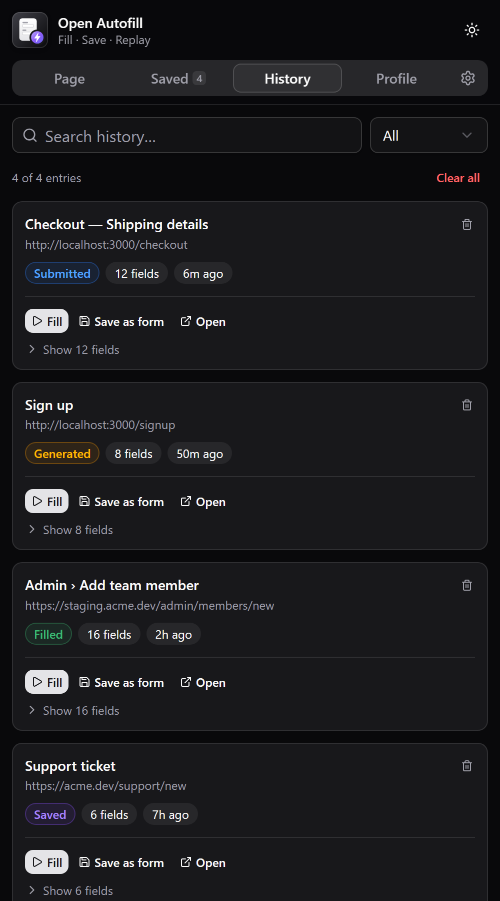 History of submitted, generated and filled forms