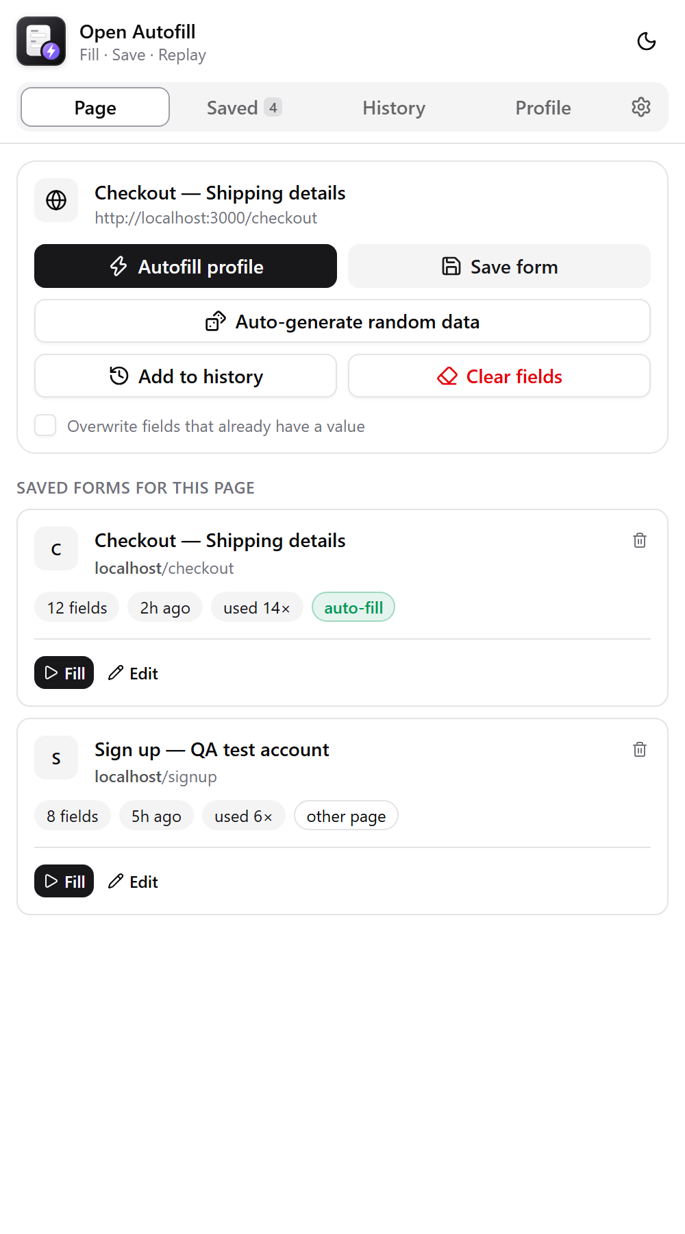 Page tab: autofill, save, generate