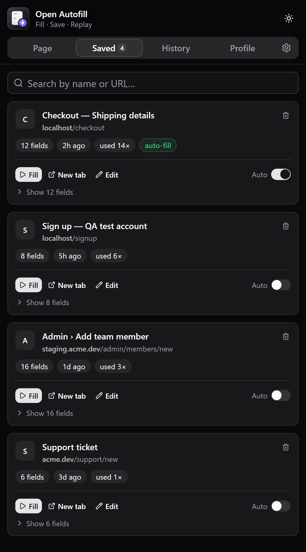 Saved forms, dark theme