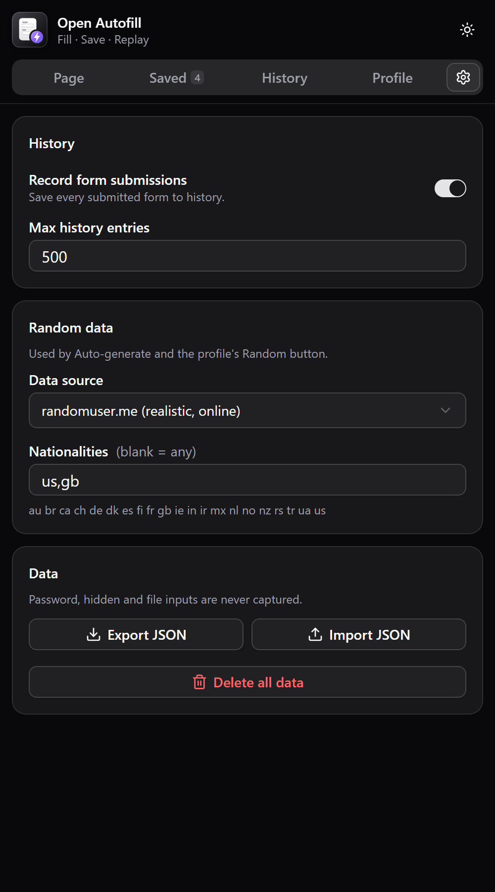 Settings: history, random data source, export